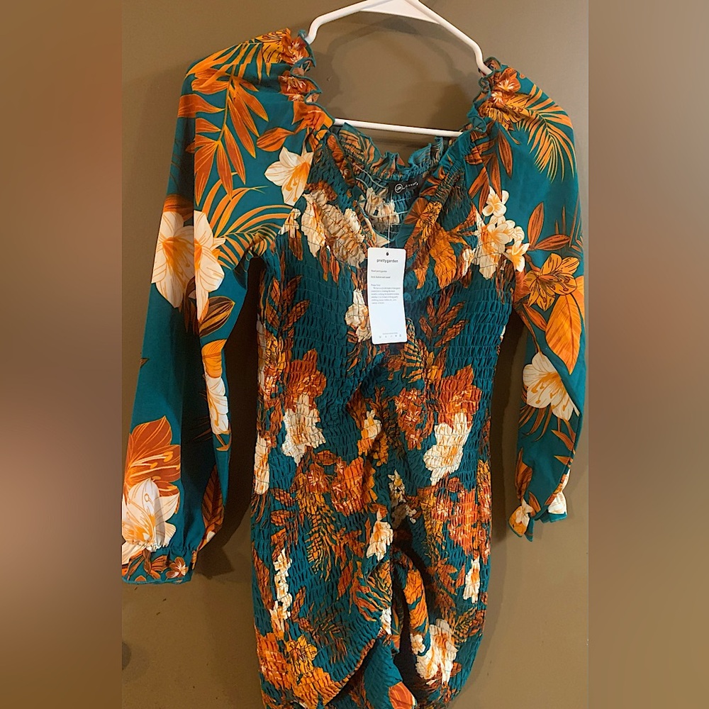 NWT PRETTYGARDEN Teal Floral Smocked Long-Sleeve Tunic Midi Dress - Picture 7 of 7